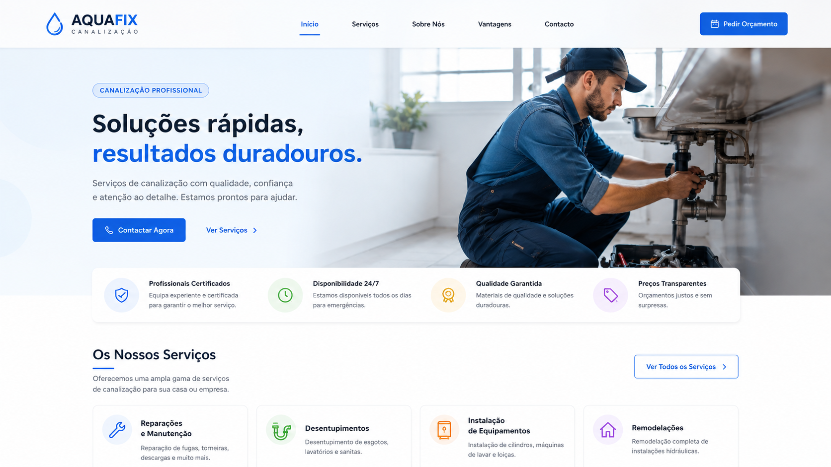 Página inicial de um site conceito para um canalizador, com botão de pedido de orçamento em destaque