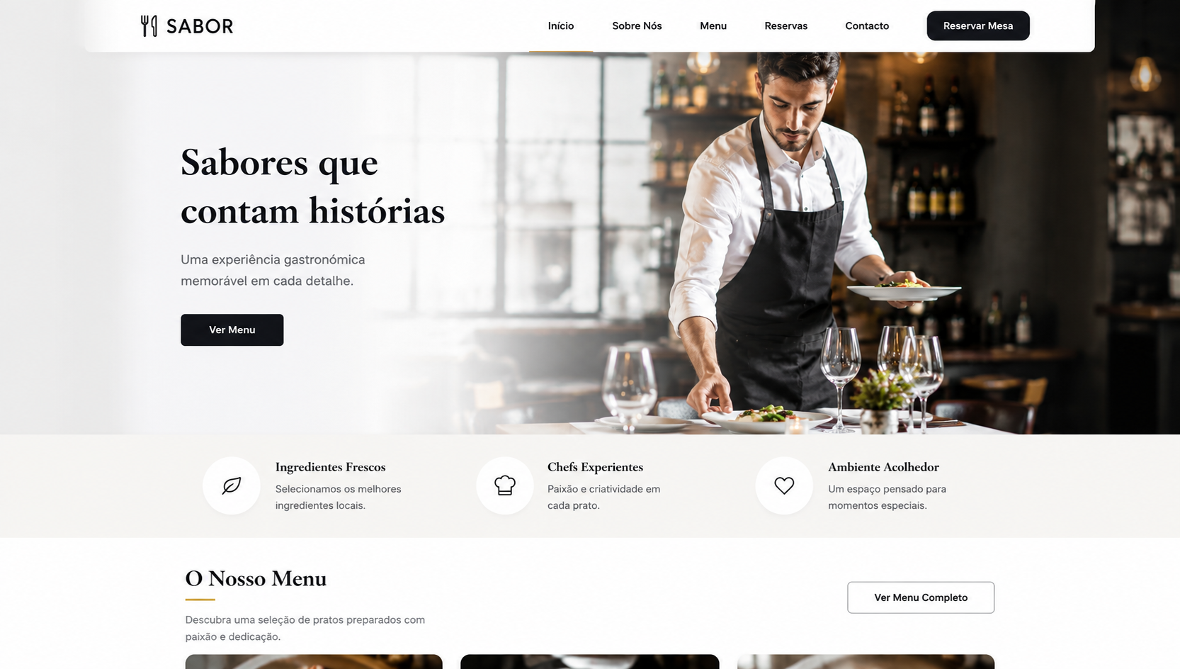 Página inicial de um site conceito para um restaurante, com o nome do prato em destaque e botão de reservas
